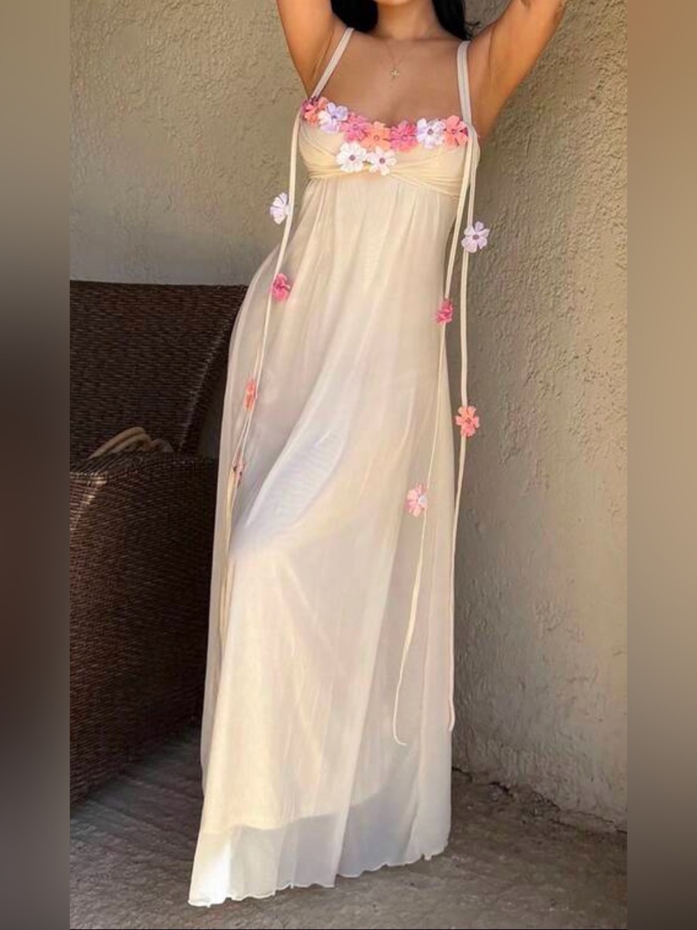 3D Floral Trim Long Dress